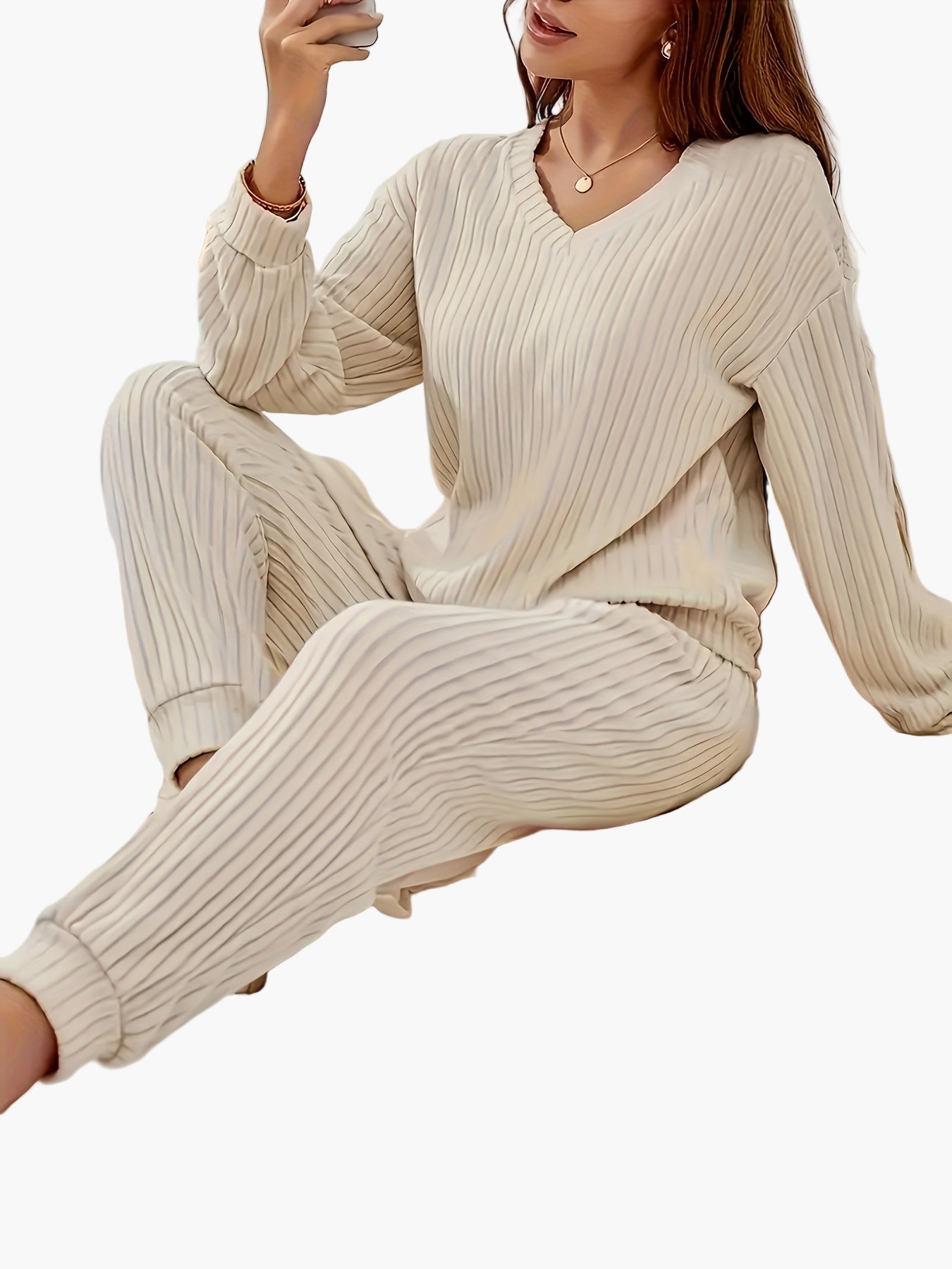 Damen Pyjama Set Lounge Homewear mit Strick-Design – Bequemes Freizeit-Outfit für Zuhause