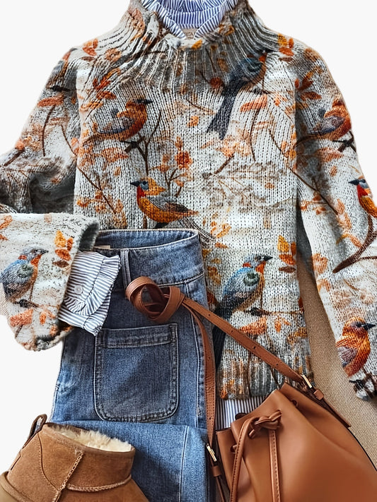 Damen Pullover mit Vogel-Print und hohem Kragen – Eleganter Herbst/Winter Look