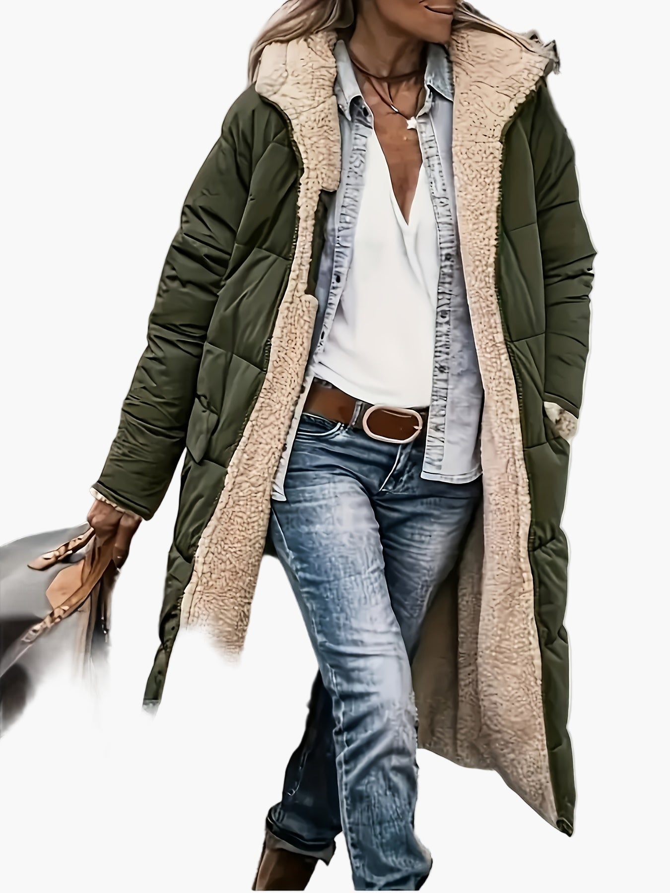 Damen Lange Steppjacke mit Kapuze und Teddyfutter – Modische Winterjacke für Alltag und Reisen