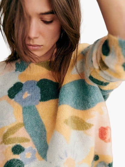 Damen Pullover mit floralem Print und modernem Colorblock-Design – Eleganter Strick für Herbst und Winter
