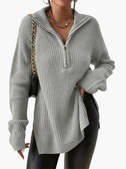 Damen Pullover Strickpullover mit Reißverschluss und Stehkragen – Modischer Herbst Winter Freizeit Look