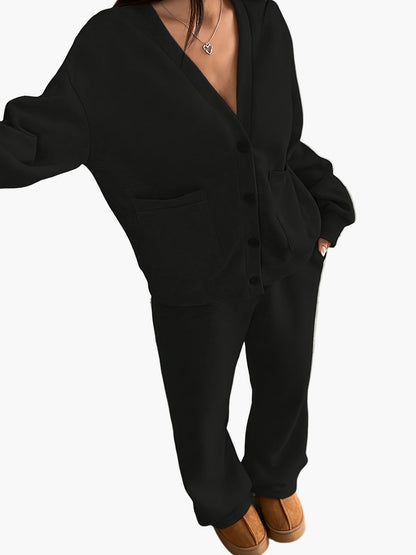 Damen Loungewear Set – Bequemes Freizeit Hausanzug mit Knopfleiste für Zuhause und Alltag