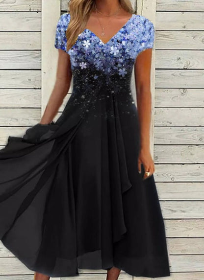 Damen Elegantes Chiffonkleid mit Blumenmuster und V-Ausschnitt – Festliche A-Linien Sommermode
