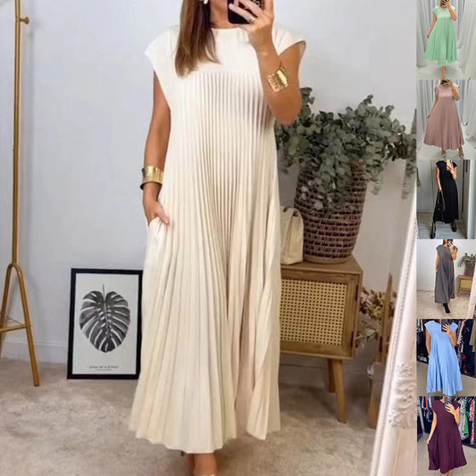 Adele – Kurzes ärmelloses, langes Kleid mit Falten und Rundhalsausschnitt