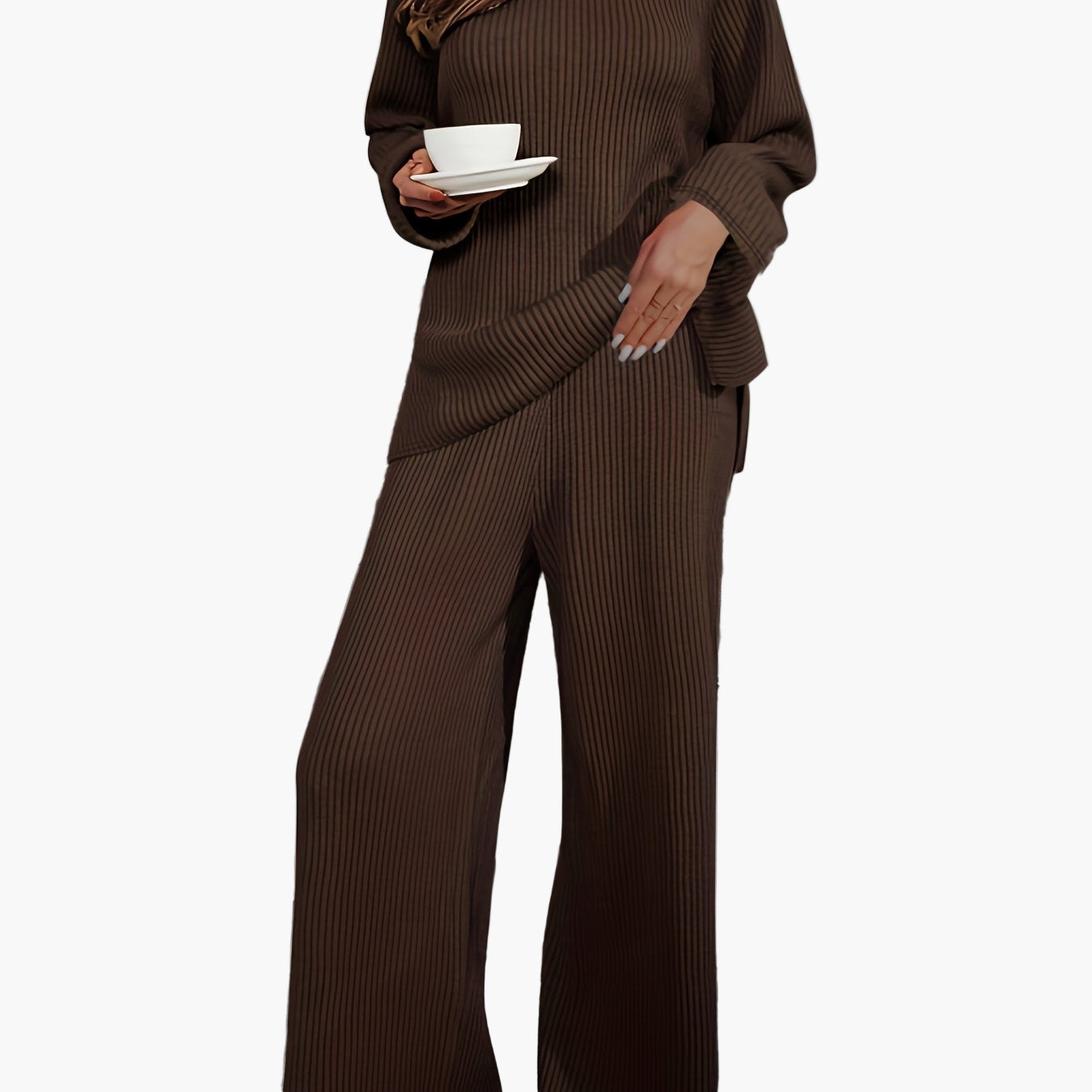 Damen Loungewear Set Zweiteilig Freizeit Strick-Look für Herbst und Winter