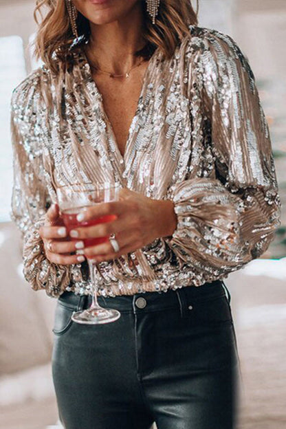 Damen Pailletten Bluse Elegant – Glänzende Party Oberteil mit Vintage Charme für festliche Anlässe