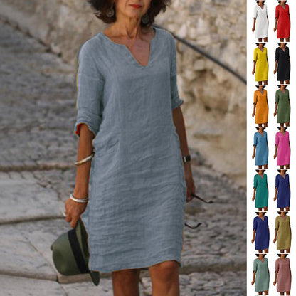 Abigail – Retro Sommerkleid aus Baumwolle und Leinen mit V-Ausschnitt