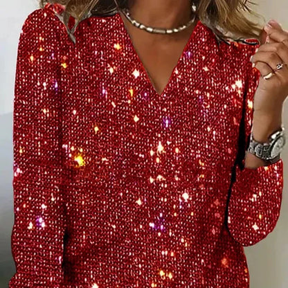Damen Glitzer Pullover mit V-Ausschnitt – Eleganter Party- und Abend-Style