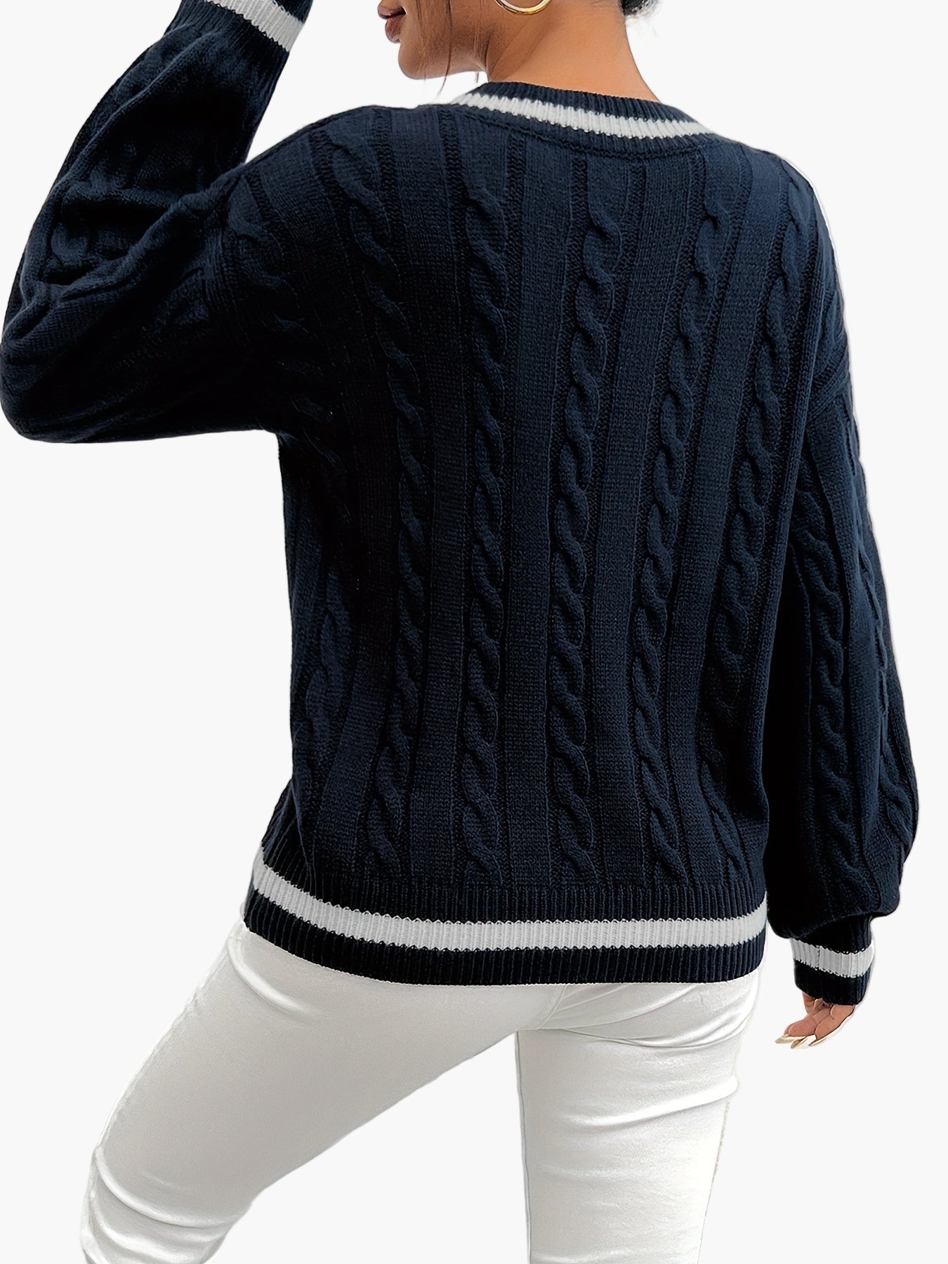 Damen Pullover im eleganten Zopfmuster mit V-Ausschnitt – Perfekt für Alltag und Büro