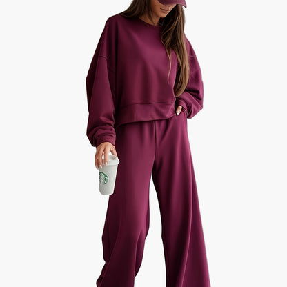 Damen Lounge-Set Zweiteiler – Eleganter Oversize Freizeitanzug mit Sweatshirt und Weitbein-Hose für Herbst & Winter