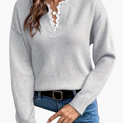 Damen Elegant Pullover mit V-Ausschnitt und Rüschenkragen – Perfekt für Alltag & Büro