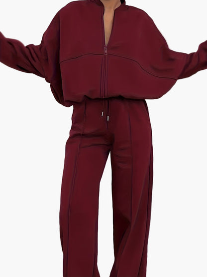 Damen Freizeit-Zweiteiler Set mit Stehkragen und weitem Bein – Sportlich & Bequem für Alltag und Reisen