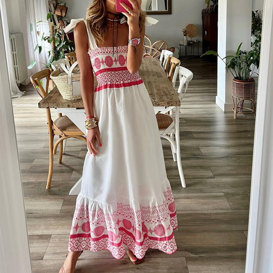 Deborah – Bedrucktes, elastisches, langes Kleid mit Schnürung