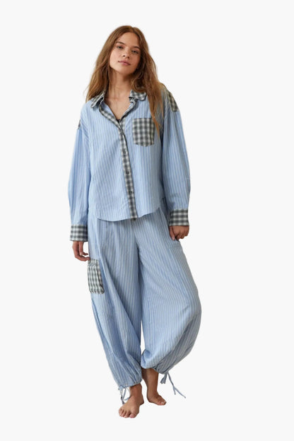 Damen Pyjama Zweiteiler – Modernes Streifen-Karo Design, Lässig & Bequem für Zuhause