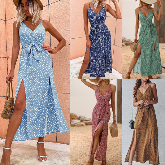 Megan – V-Ausschnitt Träger Blumenschnürkleid mit langem Rock