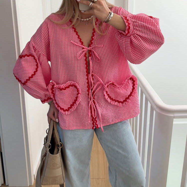 Kim – Kariertes Damen V-Ausschnitt Shirt mit Tasche und Langarm