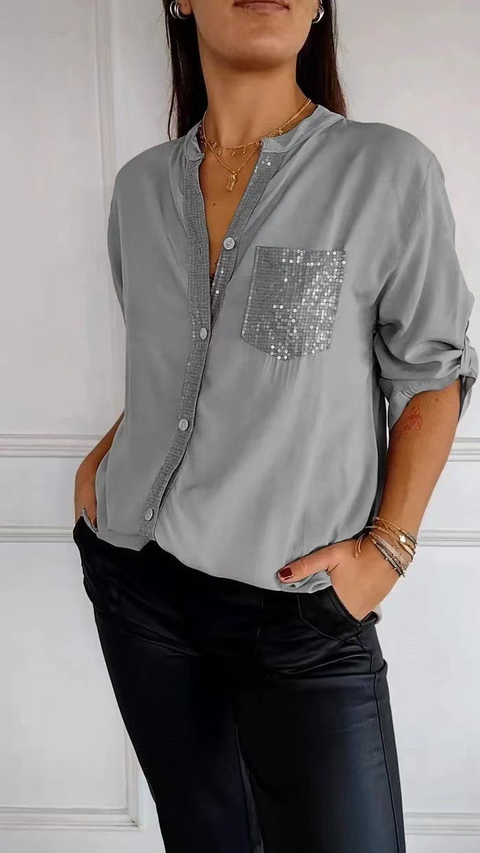 Carol – Lässiges Button-Down Langarmshirt mit Pailletten-Taschen Design