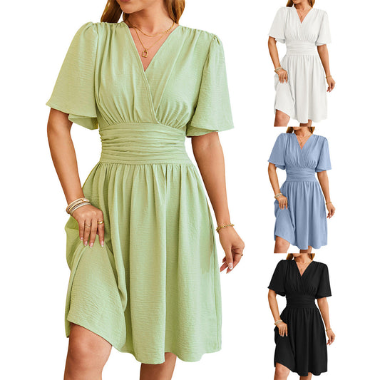 Sarah – V-Ausschnitt Kurzarmkleid mit modischen Glockenärmeln für den Sommer