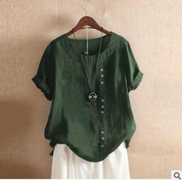 Damen Leinen-Bluse im Vintage-Stil – Lockeres Sommer T-Shirt mit Rundhalsausschnitt und Knopfleiste, Kurzarm, Ideal für Alltag und Freizeit