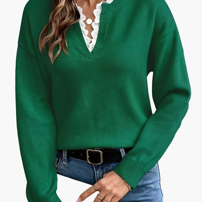 Damen Elegant Pullover mit V-Ausschnitt und Rüschenkragen – Perfekt für Alltag & Büro