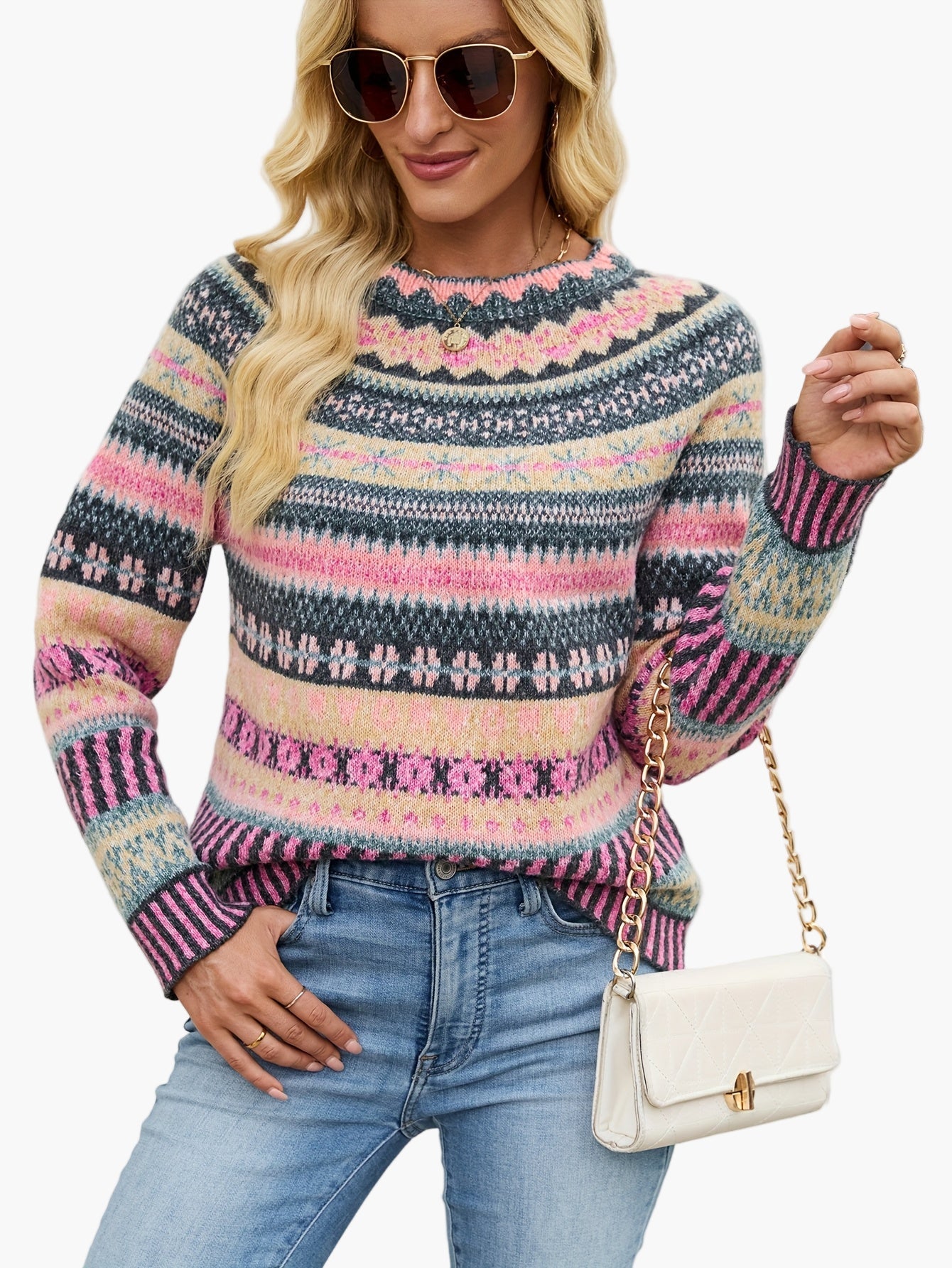 Damen Pullover im Norwegerstil mit Rundhalsausschnitt – Modischer Strickpullover für Herbst und Winter