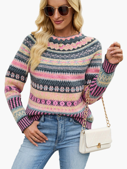 Damen Pullover im Norwegerstil mit Rundhalsausschnitt – Modischer Strickpullover für Herbst und Winter