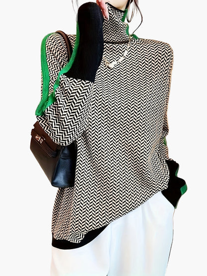 Damen Eleganter Patchwork Strickpullover mit Stehkragen – Modischer Herbst/Winter Alltagslook