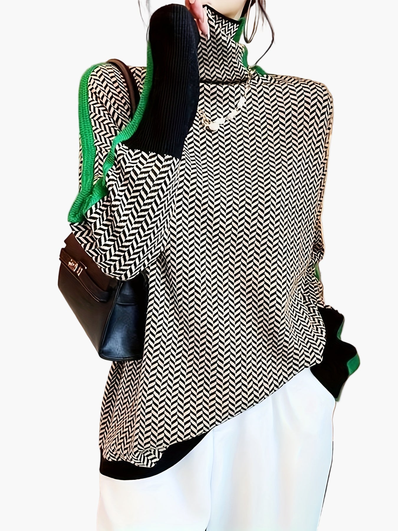 Damen Eleganter Patchwork Strickpullover mit Stehkragen – Modischer Herbst/Winter Alltagslook