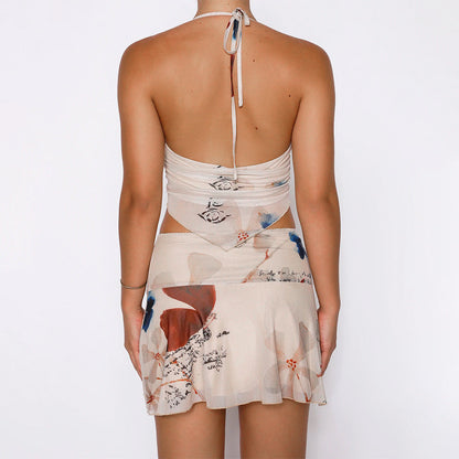 Amelia – 2-teiliges Druckanzug Sommer Sexy V-Ausschnitt Haltertop und Falten Minirock Damenkleid Set