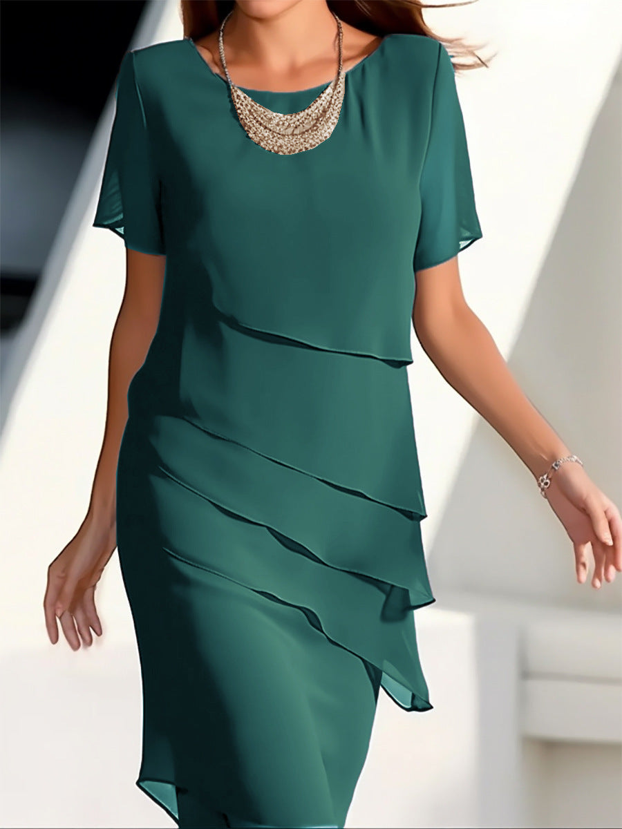 Tanya – Chiffon-Patchwork-Kleid mit rundem Ausschnitt und kurzen Ärmeln