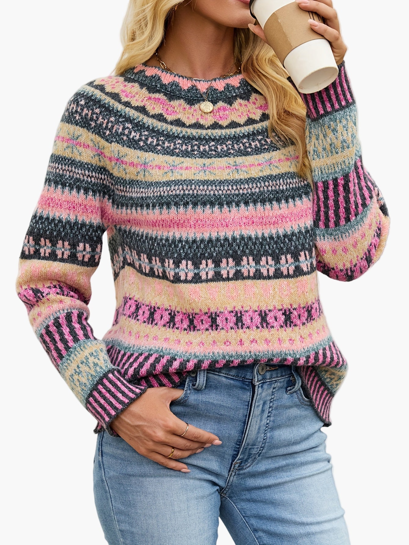 Damen Pullover im Norwegerstil mit Rundhalsausschnitt – Modischer Strickpullover für Herbst und Winter