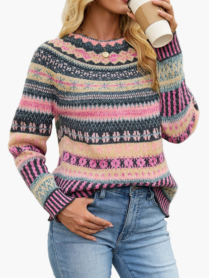Damen Pullover im Norwegerstil mit Rundhalsausschnitt – Modischer Strickpullover für Herbst und Winter