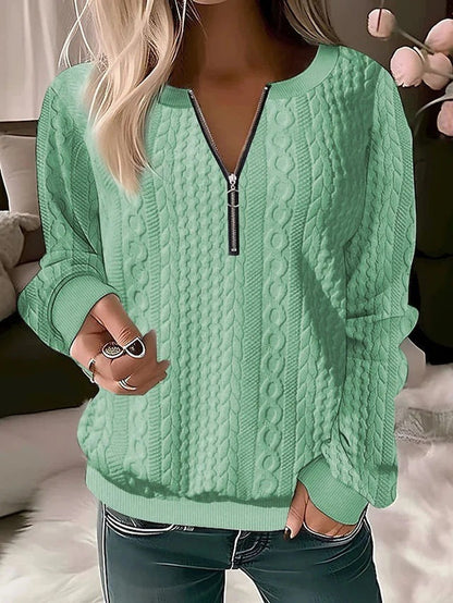 Fiona – Langärmliges T-Shirt mit V-Ausschnitt und Reißverschluss in Solide Farbe