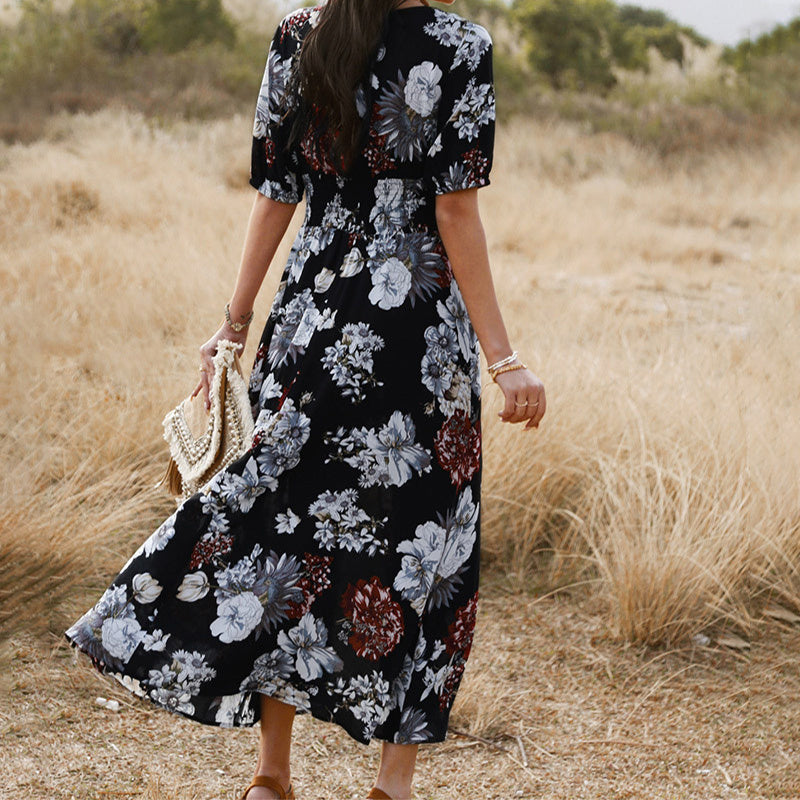 Karen – Florales Sommerstrandkleid mit V-Ausschnitt und elastischem Bund