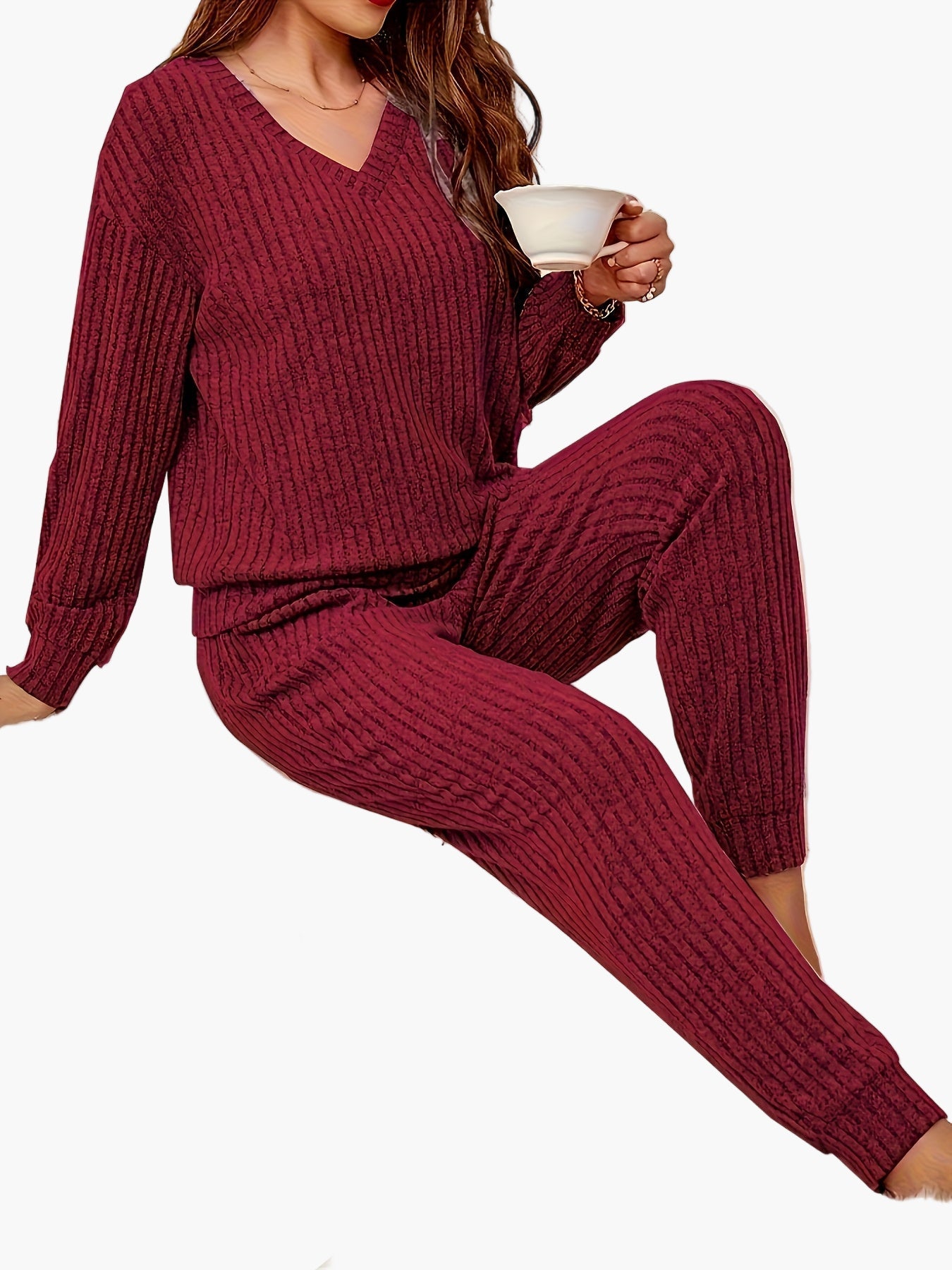 Damen Pyjama Set Lounge Homewear mit Strick-Design – Bequemes Freizeit-Outfit für Zuhause
