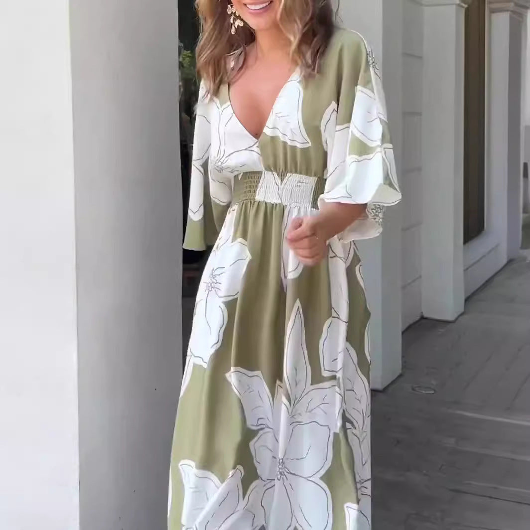 Damen Maxikleid Elegant Blumendruck Sommer Boho Stil für Freizeit und Urlaub