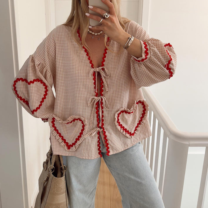 Kim – Kariertes Damen V-Ausschnitt Shirt mit Tasche und Langarm