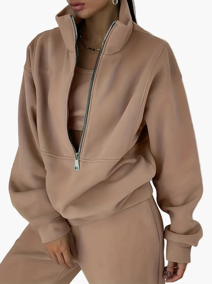 Damen Halbzip Sweatshirt Trainingsanzug – Moderner Freizeit-Look für Herbst und Winter