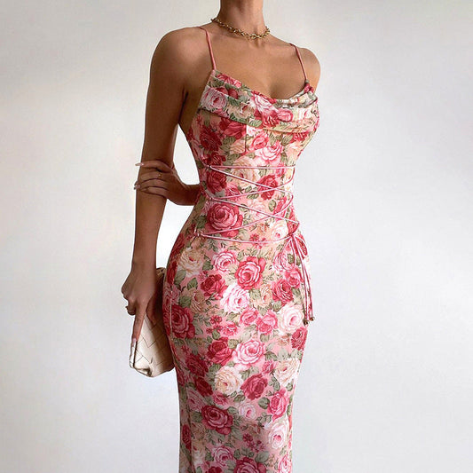 Alice – Bedrucktes Spaghetti-Träger-Kleid mit Schnürung