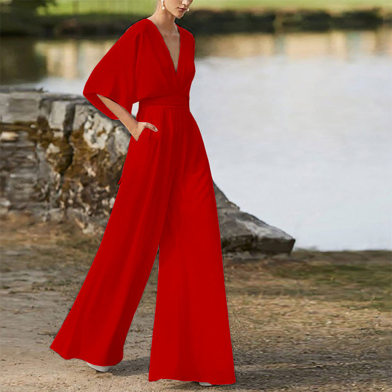 Michelle – Jumpsuit mit tiefem V-Ausschnitt und weitem Bein