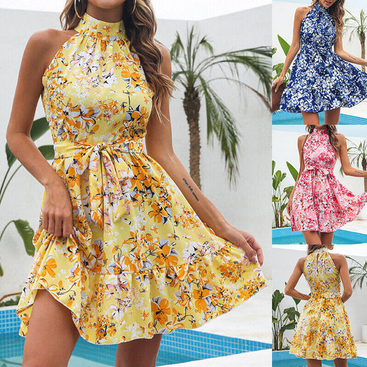 Ann – Sommerliches Blumenmuster Halterneck Kleid mit Rüschen