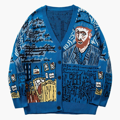 Herren Strickjacke im Kunststil mit Van Gogh Motiv – Lässige Mode für Herbst und Winter