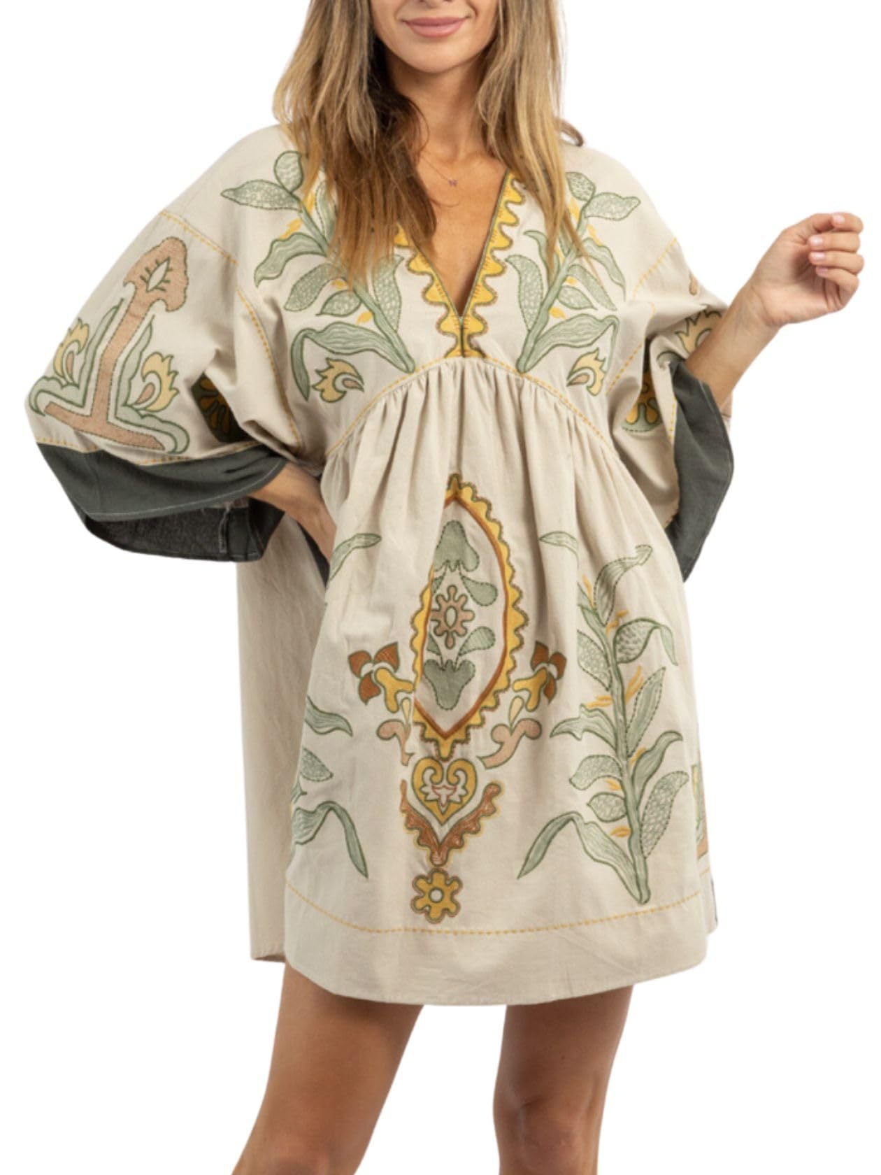 Janet – Blumengedrucktes V-Ausschnittkleid mit 34 Ärmeln