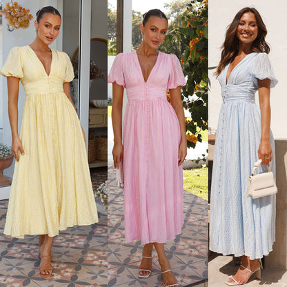 Damen Sommer Midikleid mit V-Ausschnitt und kurzen Ärmeln – Elegantes Freizeitkleid für Alltag und besondere Anlässe