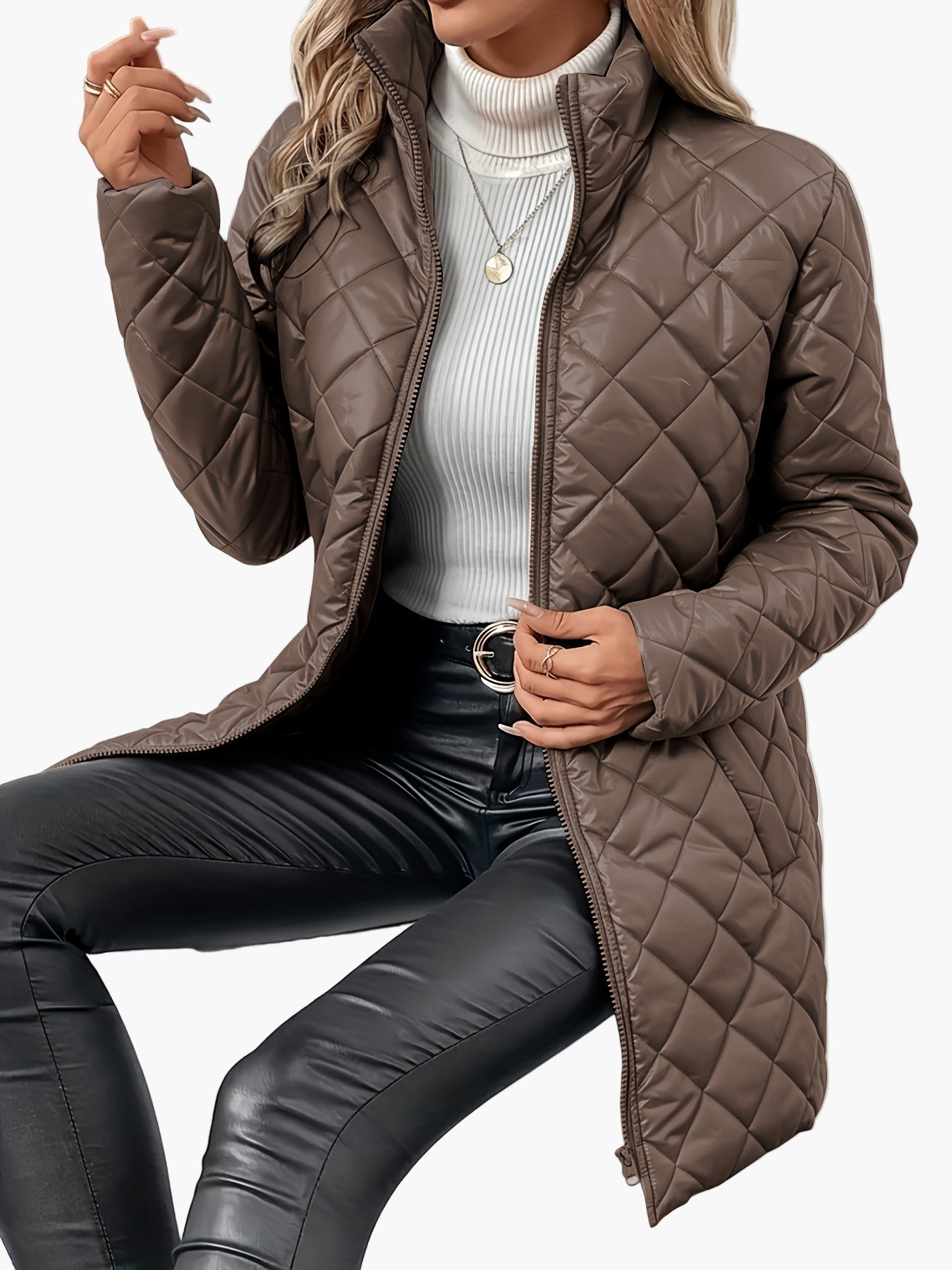 Damen Steppjacke mit modischem Rauten-Design und Stehkragen – Eleganter Übergangs-Style für Alltag und Freizeit