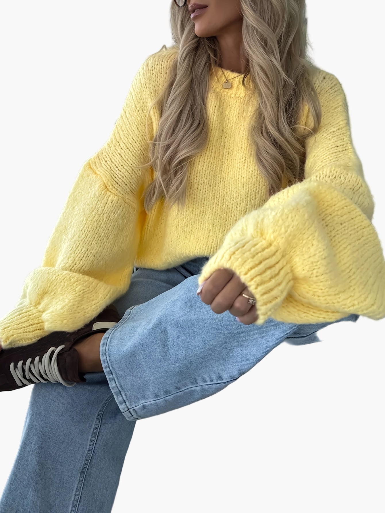 Damen Oversize Strickpullover mit Ballonärmeln für Herbst und Winter – Modischer Freizeit-Look