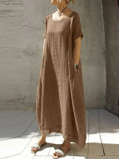 Jasmine – Rundhals-Kurzarm-Waistkleid aus Baumwolle und Leinen in einfarbig