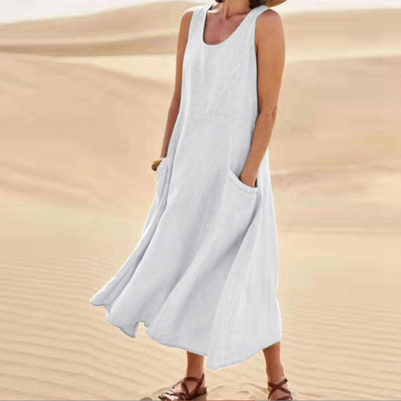 Marie – Langes ärmelloses Kleid mit Taschen