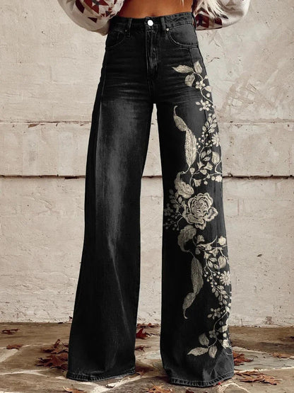 Damen Weite Boho-Jeans mit grafischem Kunst-Design und Vintage-Style, ideal für Streetwear und Festivals