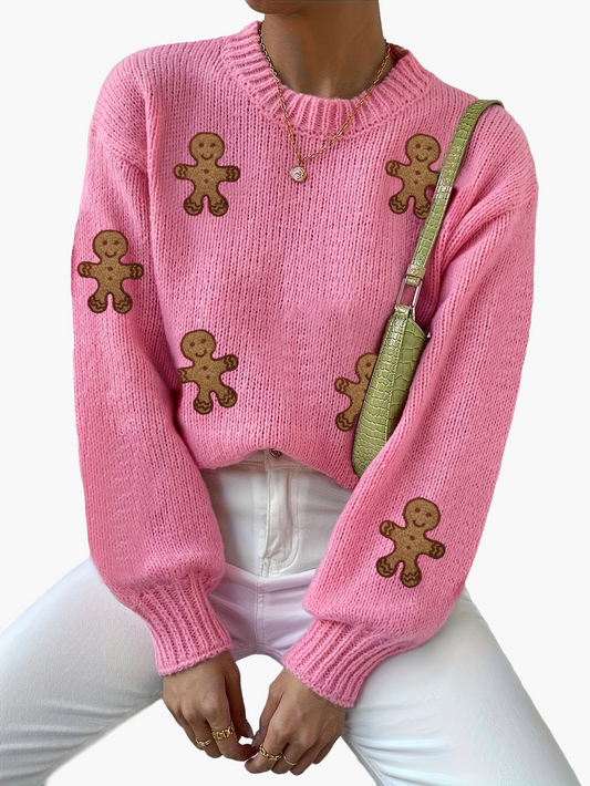 Damen Pullover mit Lebkuchenmann Motiv – Verspielter Strick-Sweater im Trend-Design für Herbst und Winter